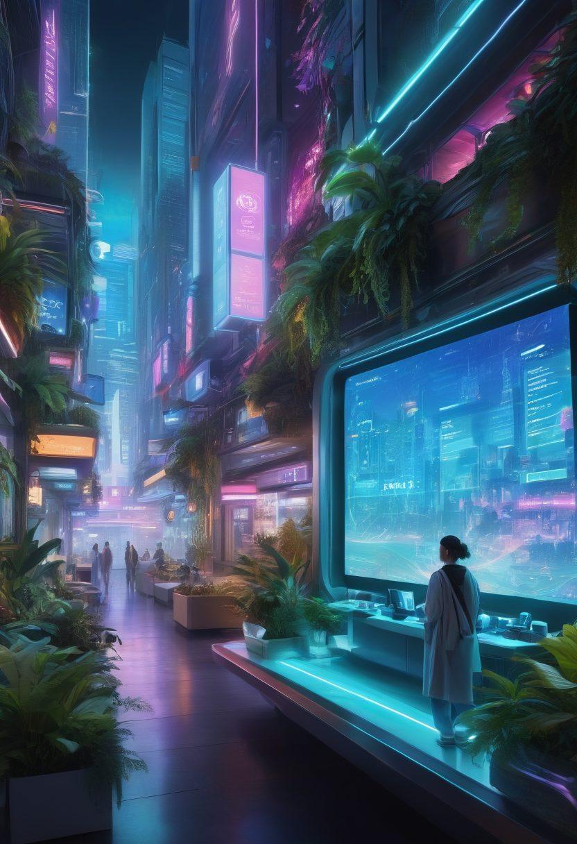 An imaginative digital landscape showcasing a futuristic online pharmacy, with sleek interface displays of health tips and innovative medications. Bright holographic elements represent various health solutions, while a diverse group of people of different ages explore the site on various devices. The background features a city of tomorrow with greenery and technology coexisting harmoniously. vibrant colors. cyberpunk style.